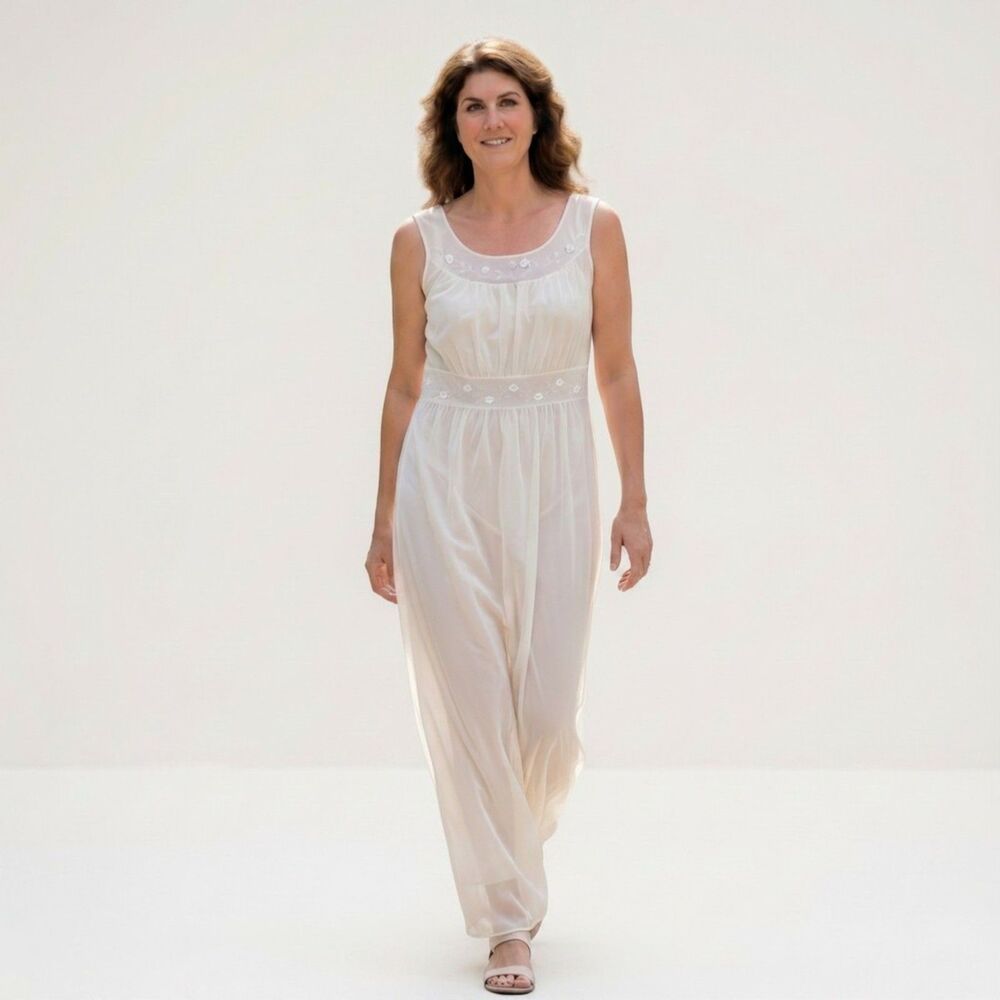 Vintage Rogers Nightgown Size 40 Ivory Sheer Long Emroidered